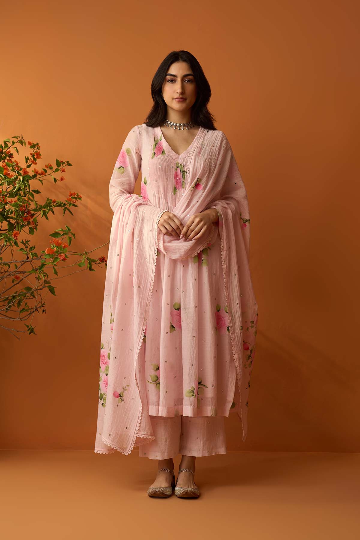 Sirat soft pink Hand painted pintuck kurta with palazzo and dupatta ( set of 3 ) - RTS