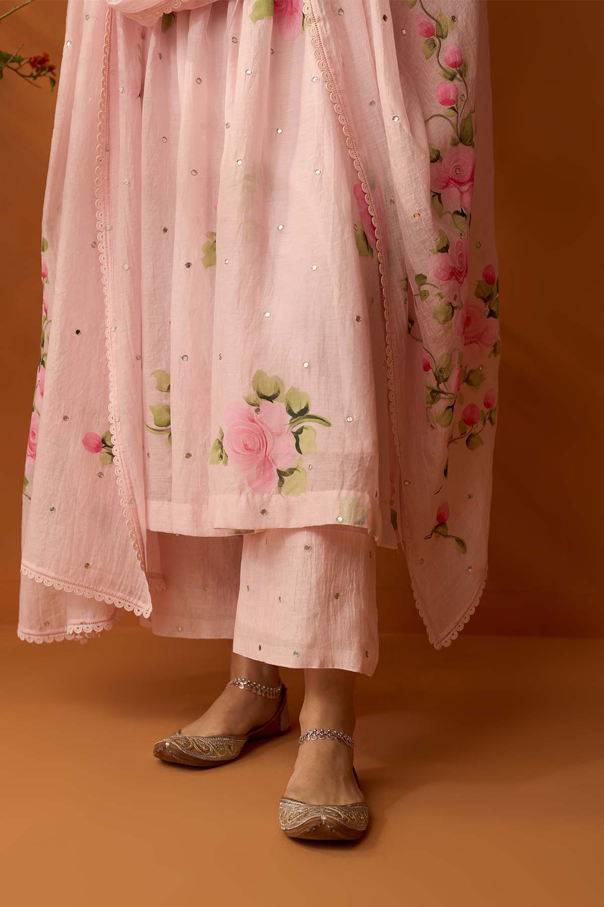 Sirat soft pink Hand painted pintuck kurta with palazzo and dupatta ( set of 3 ) - RTS