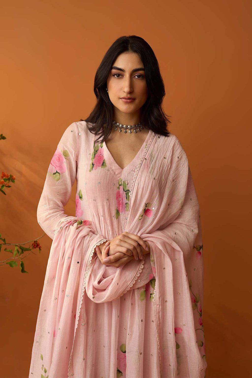 Sirat soft pink Hand painted pintuck kurta with palazzo and dupatta ( set of 3 ) - RTS