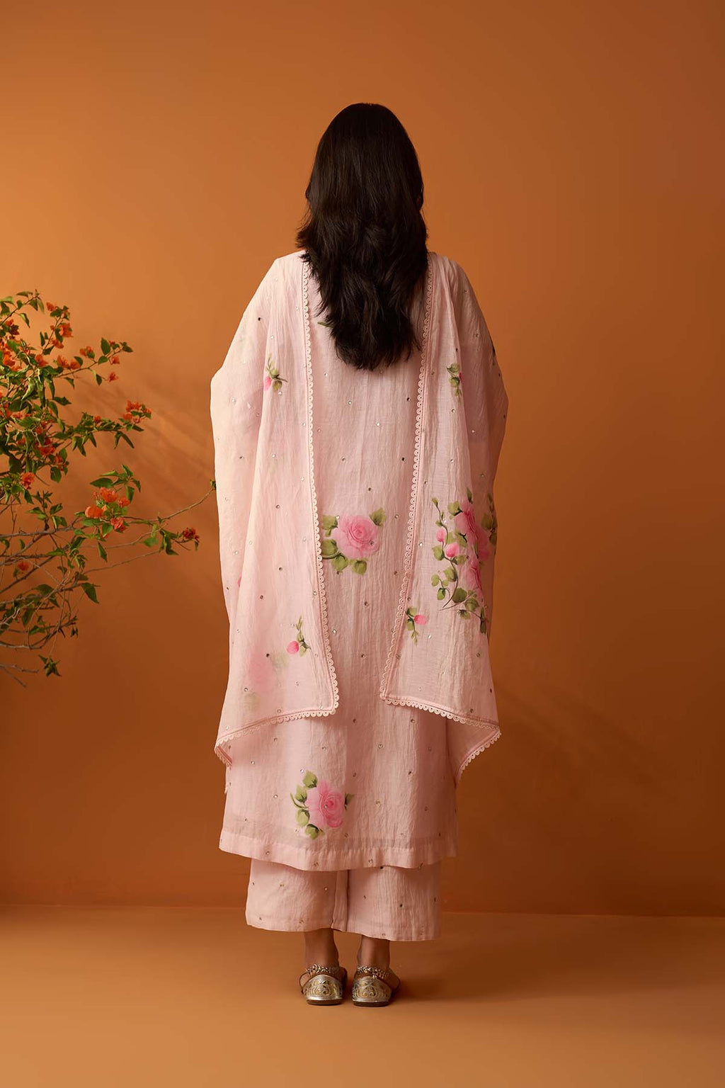 Sirat soft pink Hand painted pintuck kurta with palazzo and dupatta ( set of 3 ) - RTS