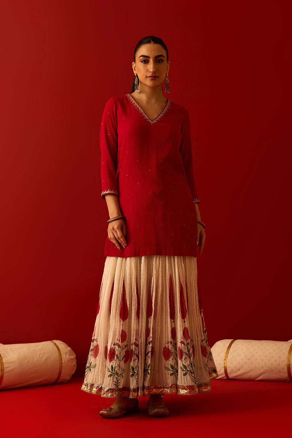 Chaand Raat Red Embroidered Solid Kurta with Mughal Block Printed Skirt with Dupatta (Set of 3) RTS