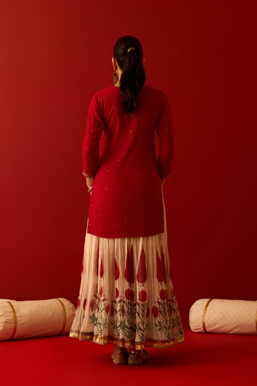 Chaand Raat Red Embroidered Solid Kurta with Mughal Block Printed Skirt with Dupatta (Set of 3) RTS