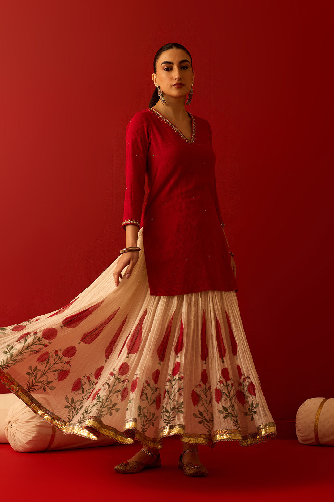 Chaand Raat Red Embroidered Solid Kurta with Mughal Block Printed Skirt with Dupatta (Set of 3) RTS