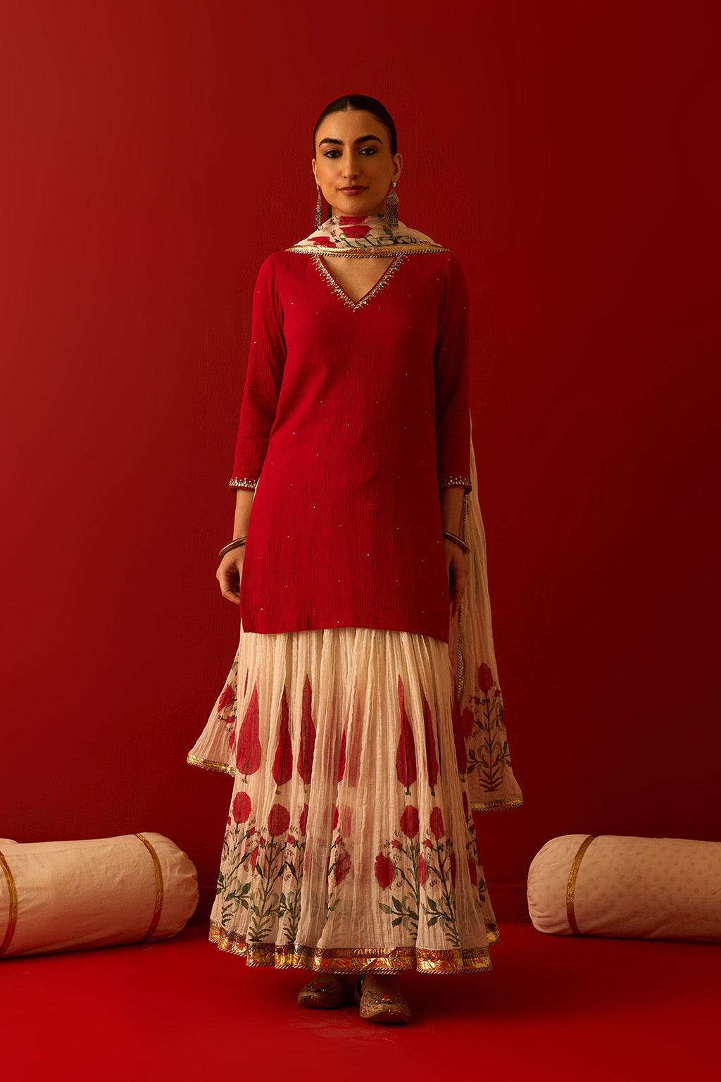 Chaand Raat Red Embroidered Solid Kurta with Mughal Block Printed Skirt with Dupatta (Set of 3) RTS
