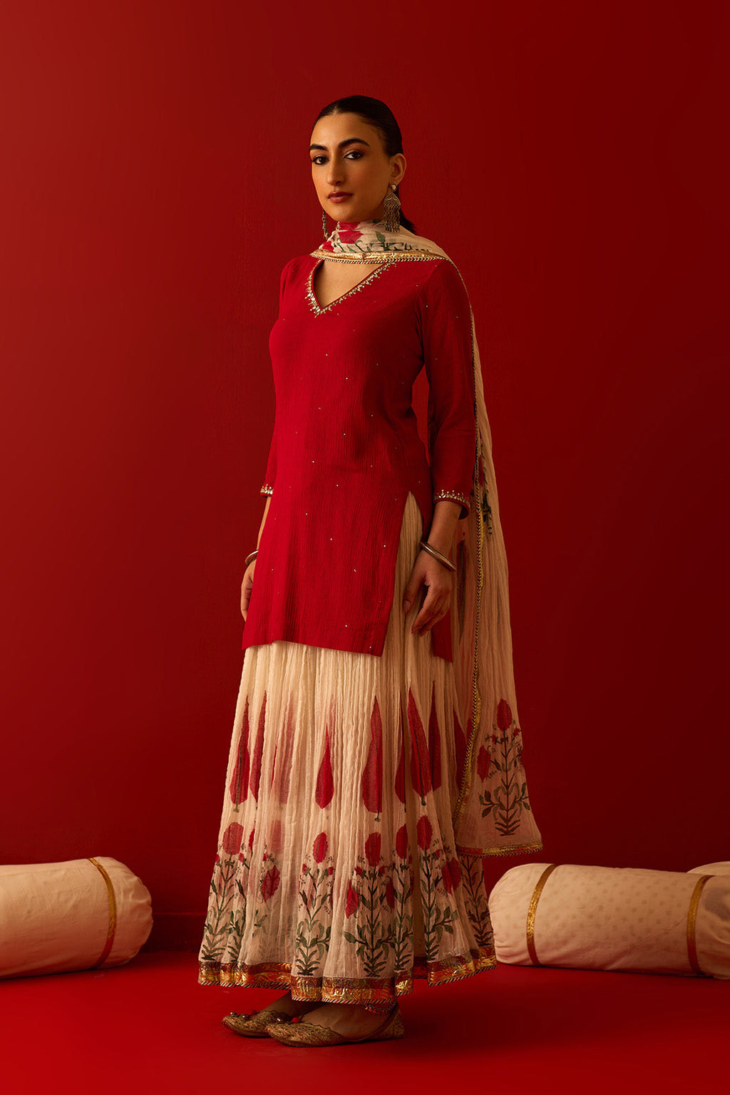 Chaand Raat Red Embroidered Solid Kurta with Mughal Block Printed Skirt with Dupatta (Set of 3) RTS