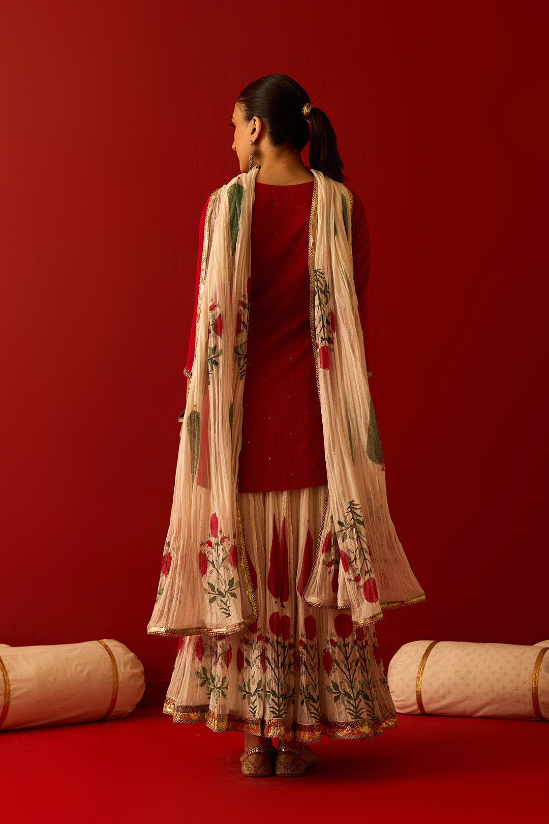 Chaand Raat Red Embroidered Solid Kurta with Mughal Block Printed Skirt with Dupatta (Set of 3) RTS