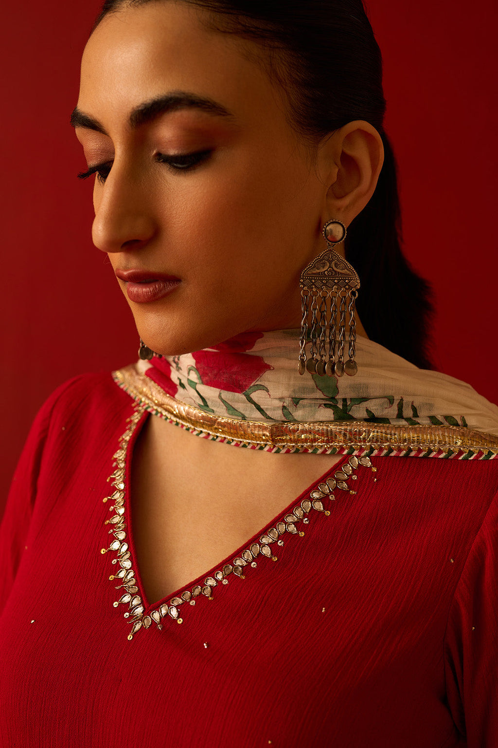 Chaand Raat Red Embroidered Solid Kurta with Mughal Block Printed Skirt with Dupatta (Set of 3) RTS