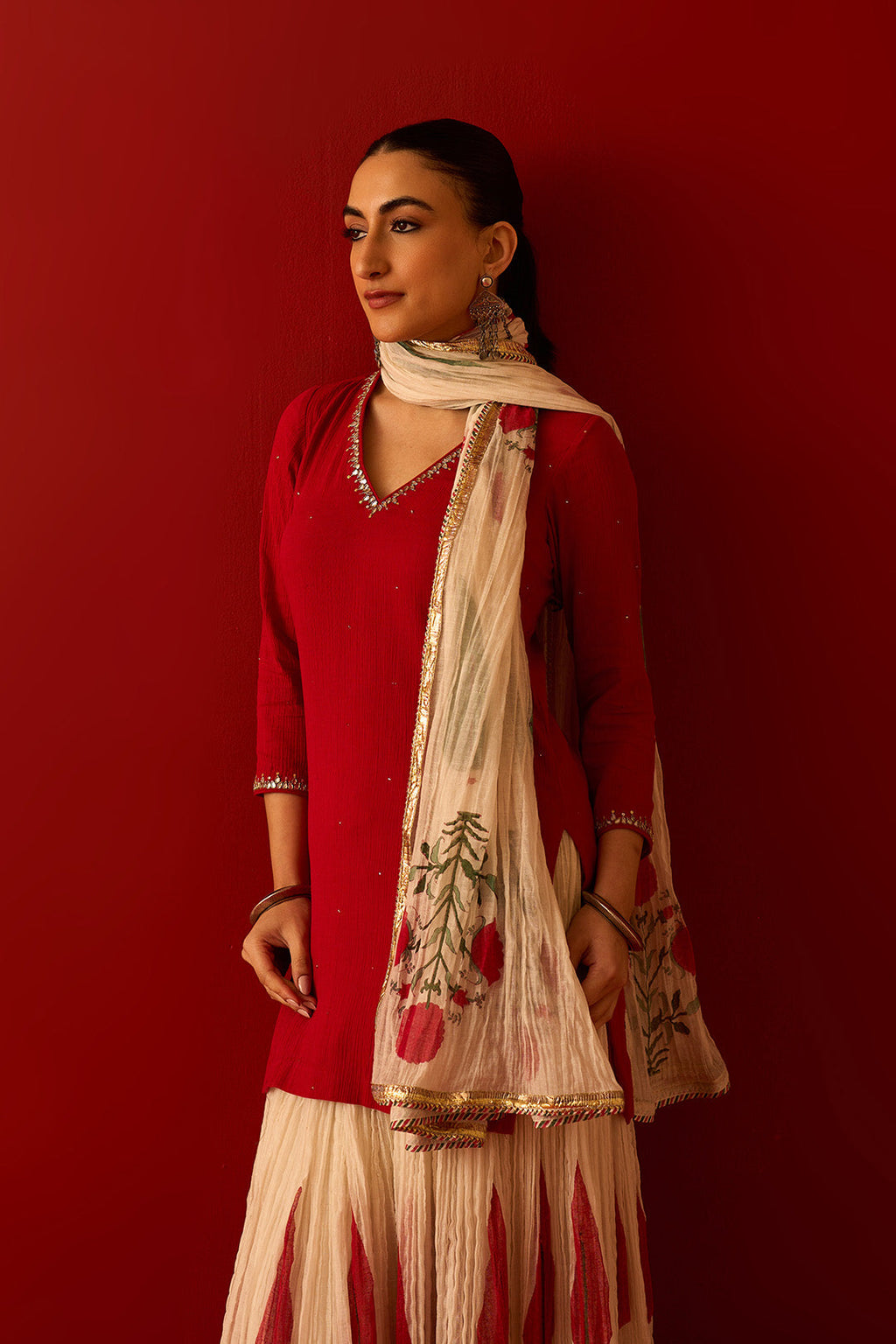 Chaand Raat Red Embroidered Solid Kurta with Mughal Block Printed Skirt with Dupatta (Set of 3) RTS