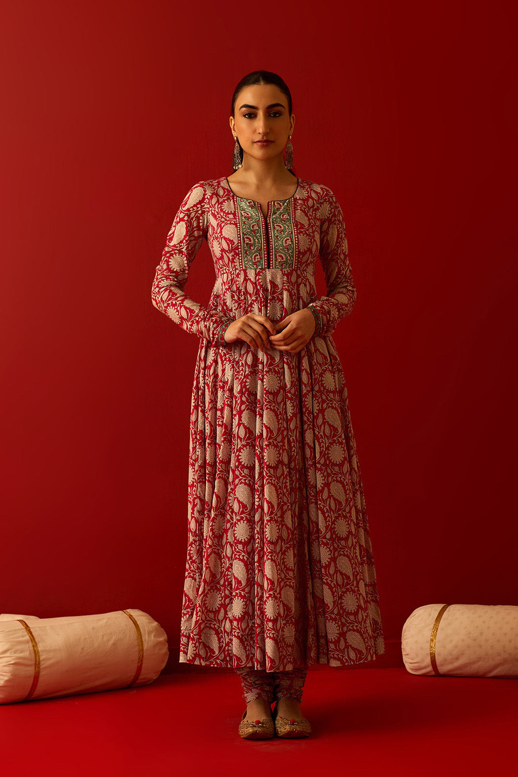 Chaand Raat Red Block printed anarkali with churidar and dupatta (set of 3) - Ready to ship
