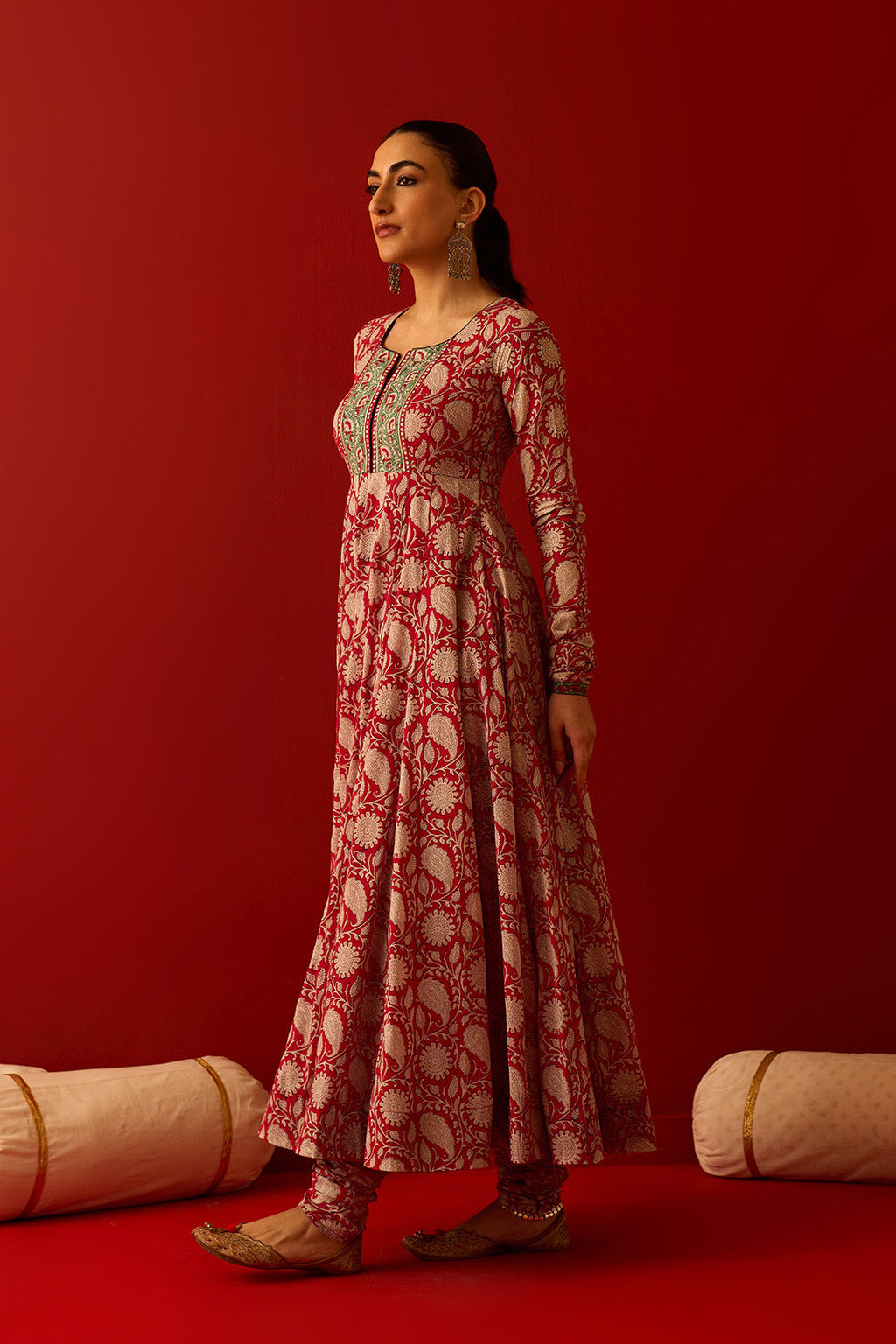 Chaand Raat Red Block printed anarkali with churidar and dupatta (set of 3) - Ready to ship