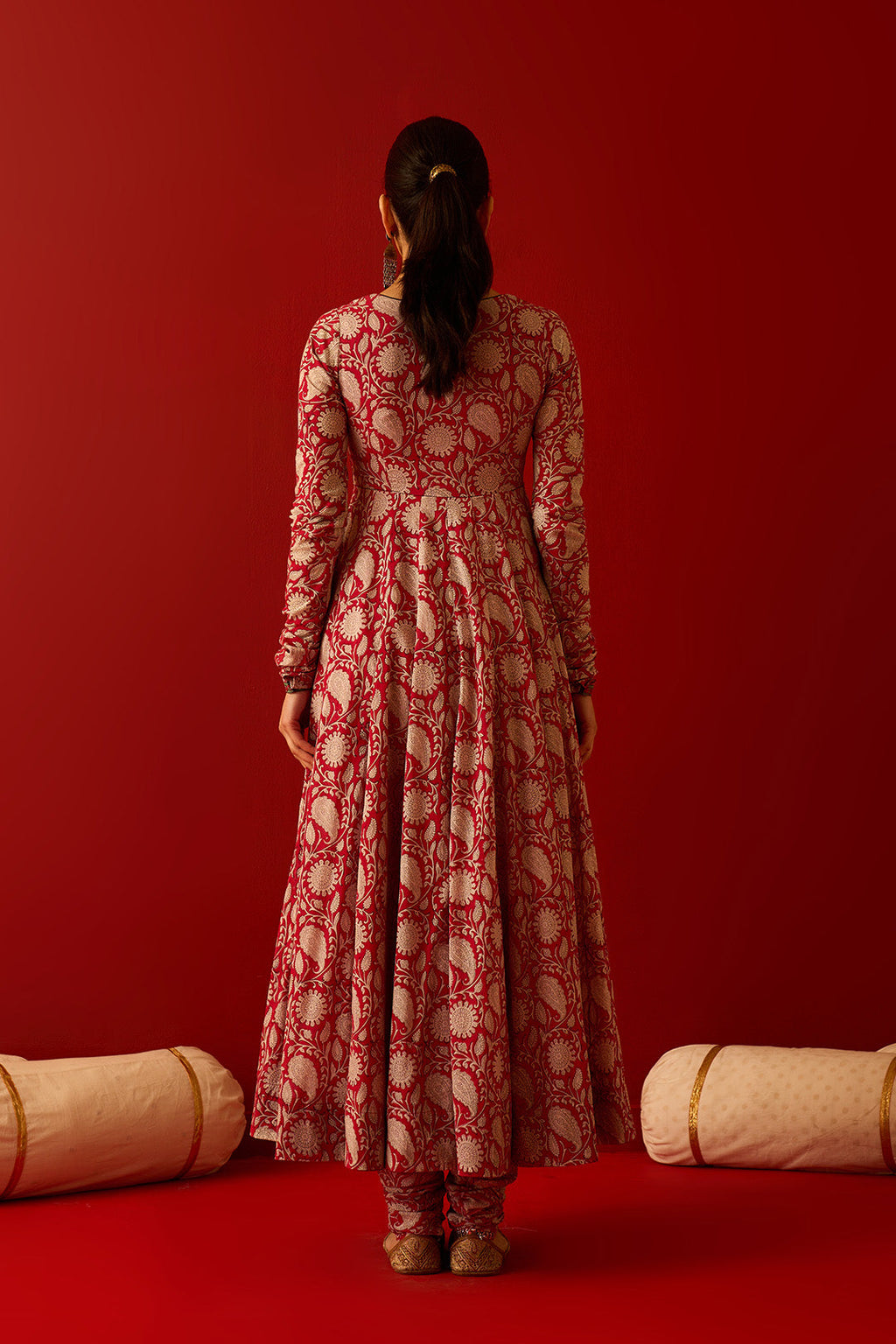 Chaand Raat Red Block printed anarkali with churidar and dupatta (set of 3) - Ready to ship