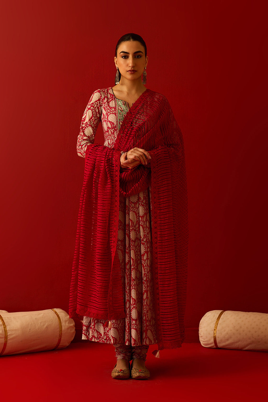 Chaand Raat Red Block printed anarkali with churidar and dupatta (set of 3) - Ready to ship