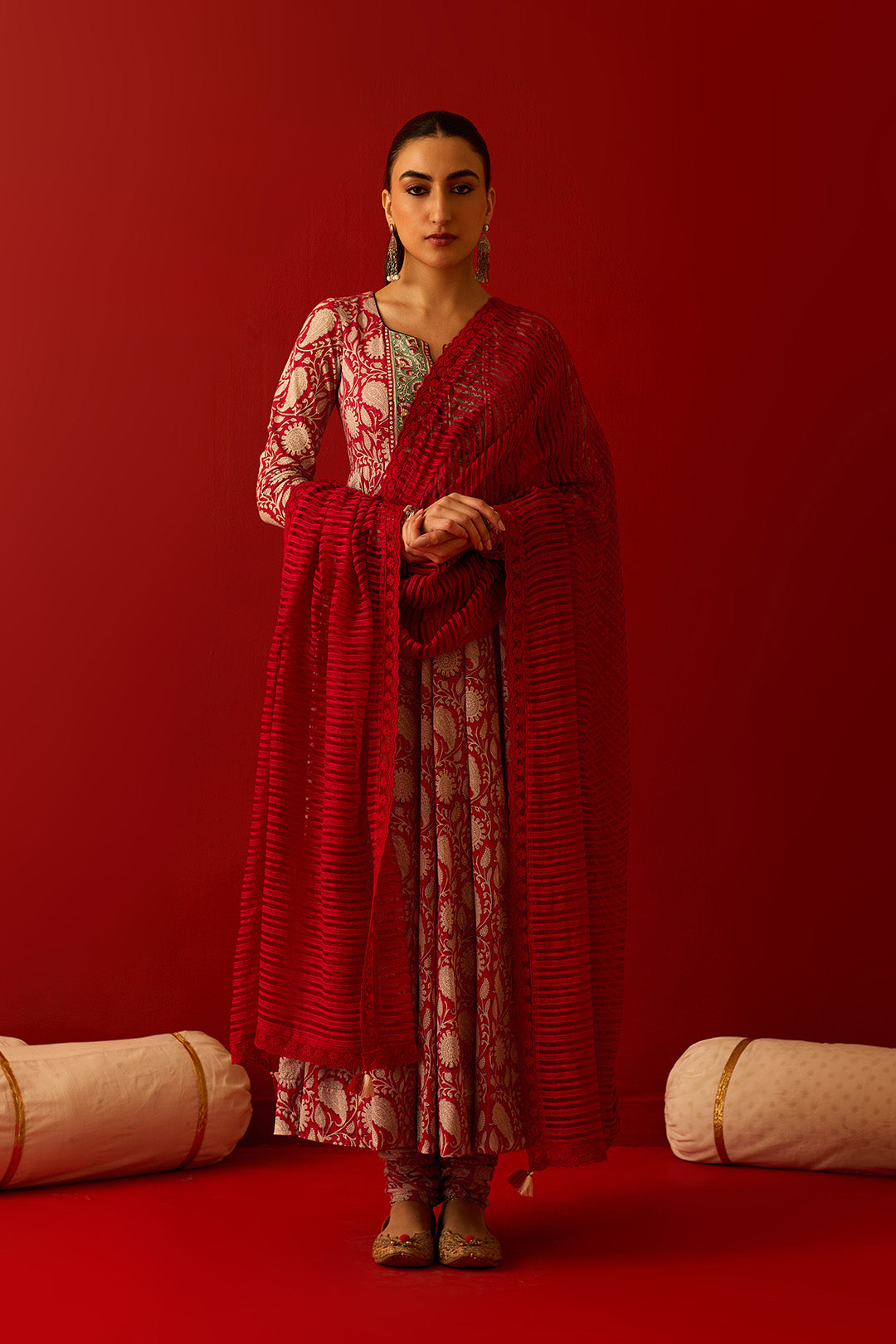 Chaand Raat Red Block printed anarkali with churidar and dupatta (set of 3) - Ready to ship