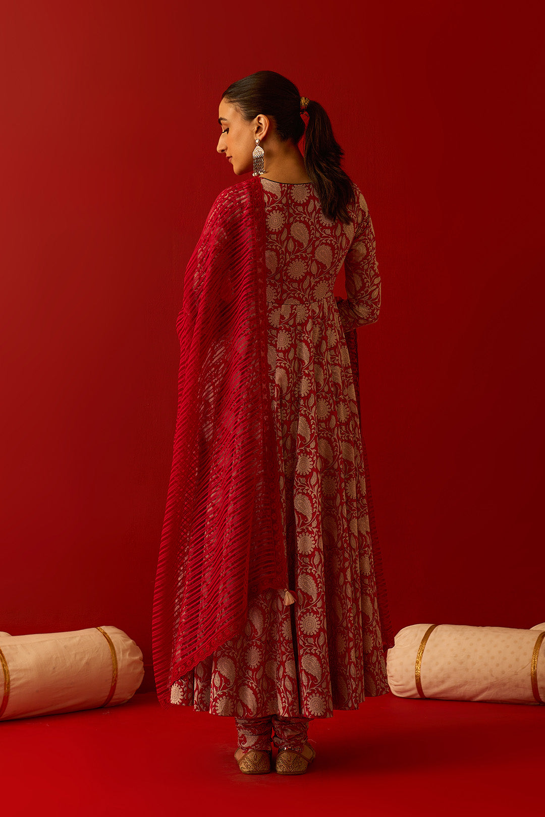 Chaand Raat Red Block printed anarkali with churidar and dupatta (set of 3) - Ready to ship