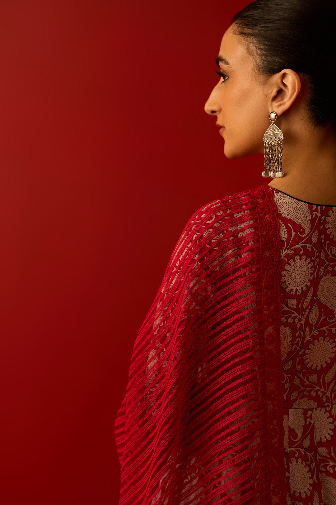 Chaand Raat Red Block printed anarkali with churidar and dupatta (set of 3) - Ready to ship