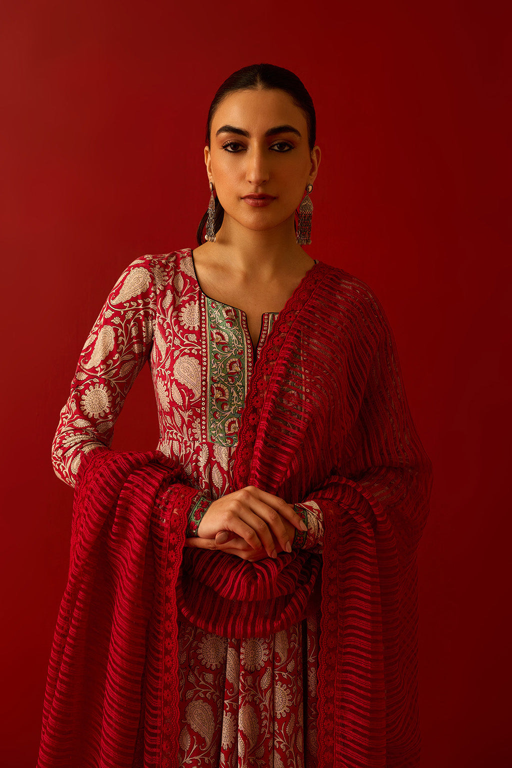 Chaand Raat Red Block printed anarkali with churidar and dupatta (set of 3) - Ready to ship