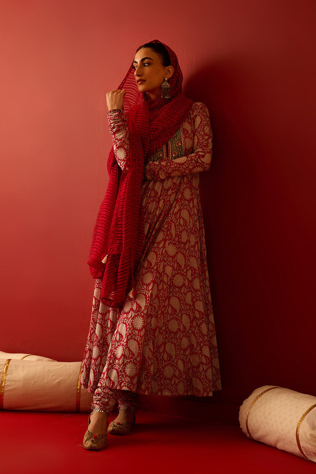 Chaand Raat Red Block printed anarkali with churidar and dupatta (set of 3) - Ready to ship