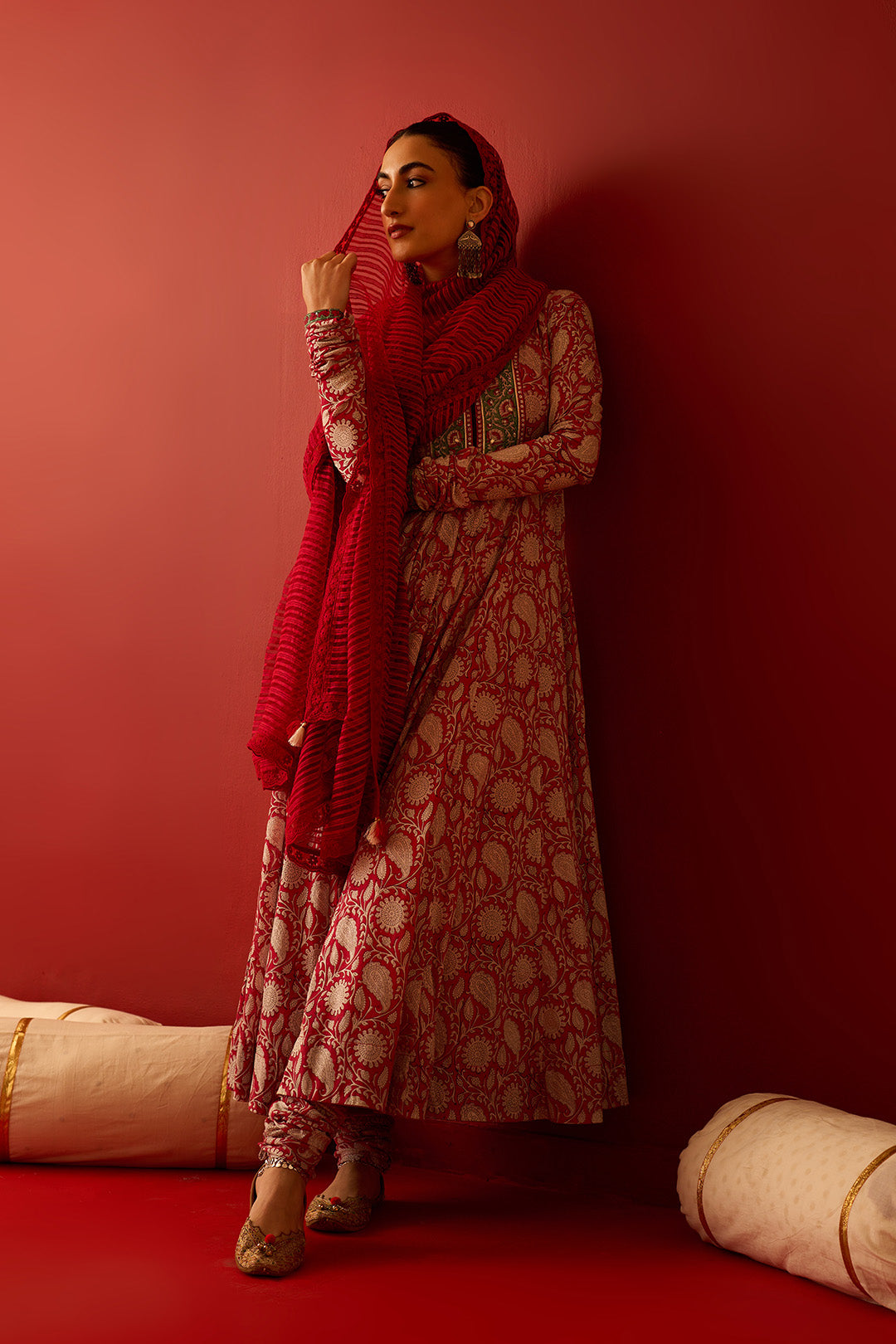 Chaand Raat Red Block printed anarkali with churidar and dupatta (set of 3) - Ready to ship