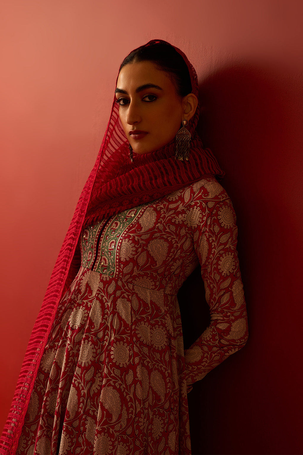 Chaand Raat Red Block printed anarkali with churidar and dupatta (set of 3) - Ready to ship