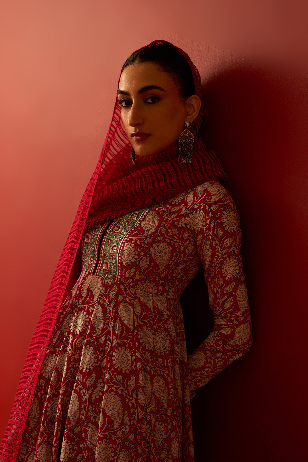 Chaand Raat Red Block printed anarkali with churidar and dupatta (set of 3) - Ready to ship