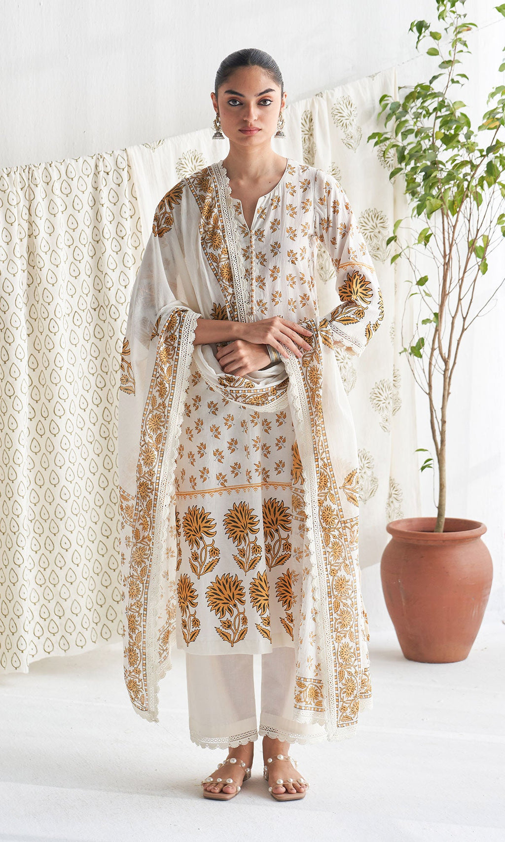 Gulmohar mughal mustard block printed straight kurta with palazzo and printed dupatta (set of 3) - Ready to ship