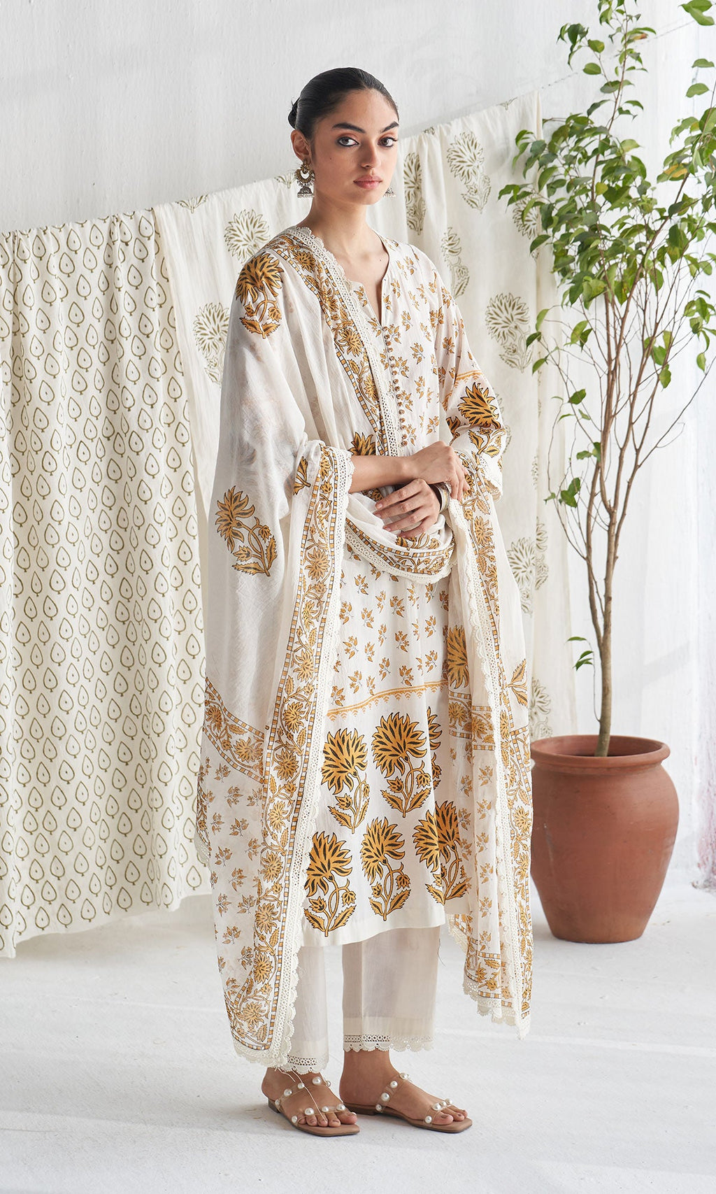 Gulmohar mughal mustard block printed straight kurta with palazzo and printed dupatta (set of 3) - Ready to ship