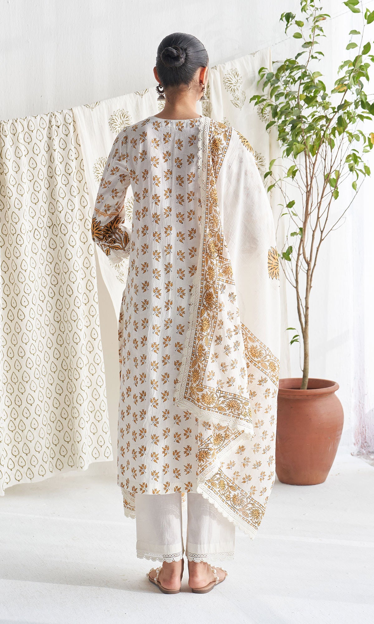 Gulmohar mughal mustard block printed straight kurta with palazzo and printed dupatta (set of 3) - Ready to ship