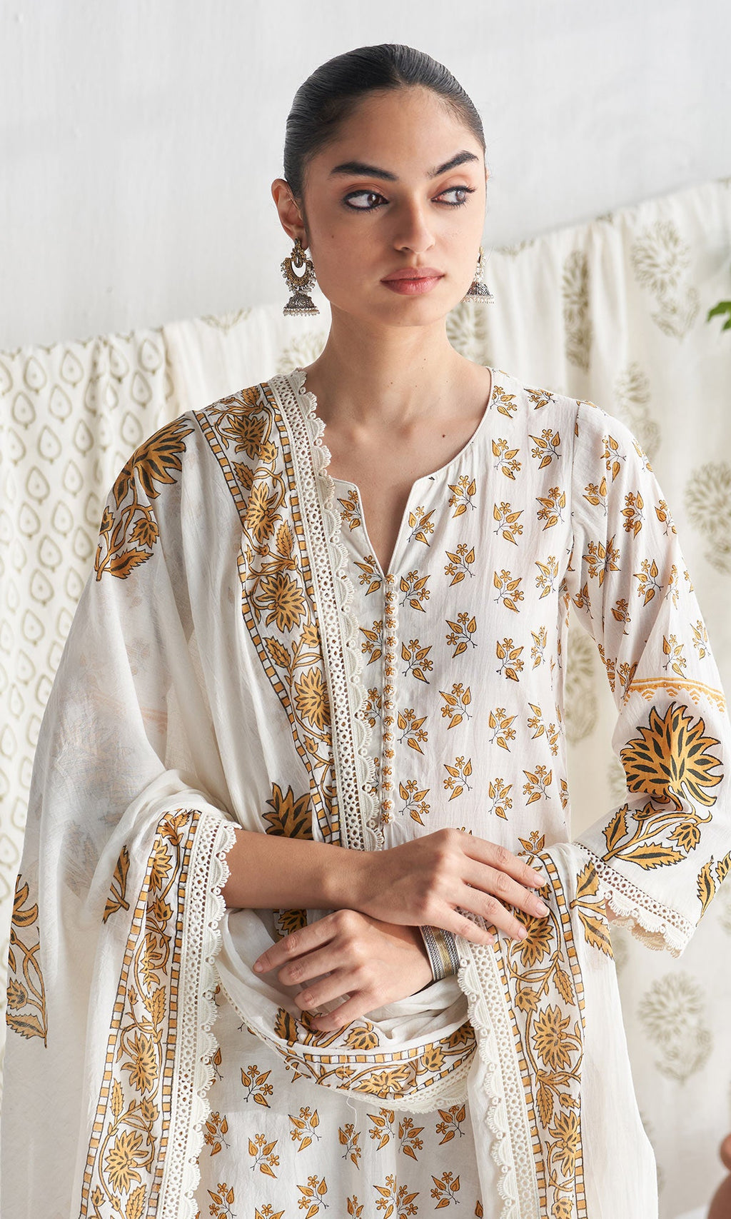 Gulmohar mughal mustard block printed straight kurta with palazzo and printed dupatta (set of 3) - Ready to ship
