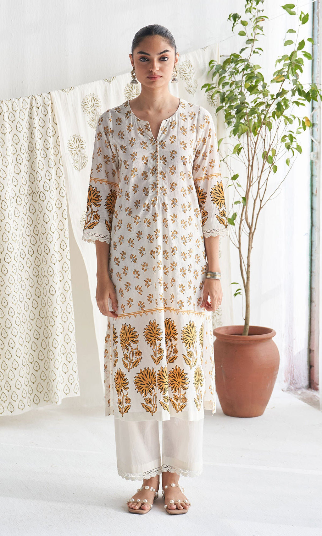 Gulmohar mughal mustard block printed straight kurta with palazzo and printed dupatta (set of 3) - Ready to ship