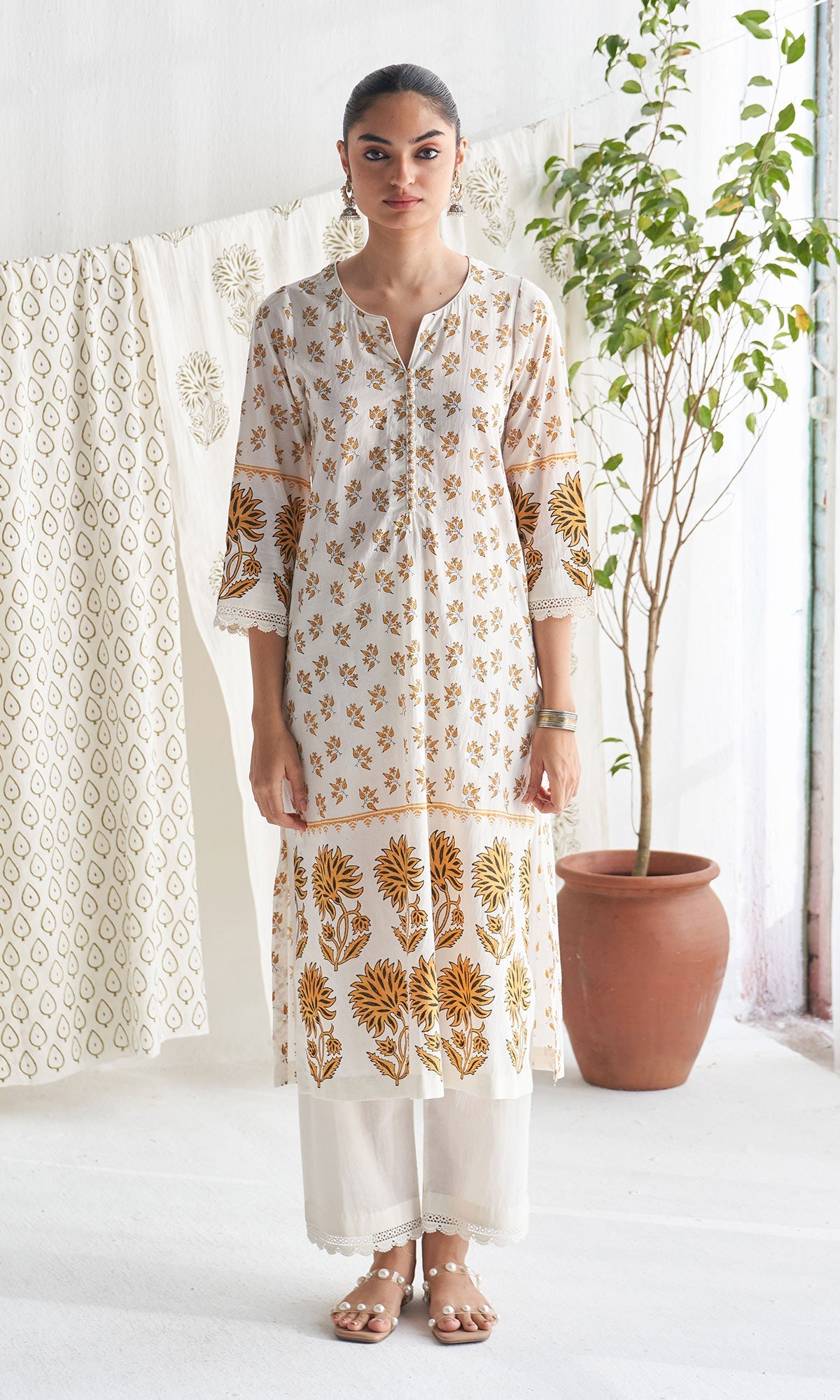 Gulmohar mughal mustard block printed straight kurta with palazzo and printed dupatta (set of 3) - Ready to ship