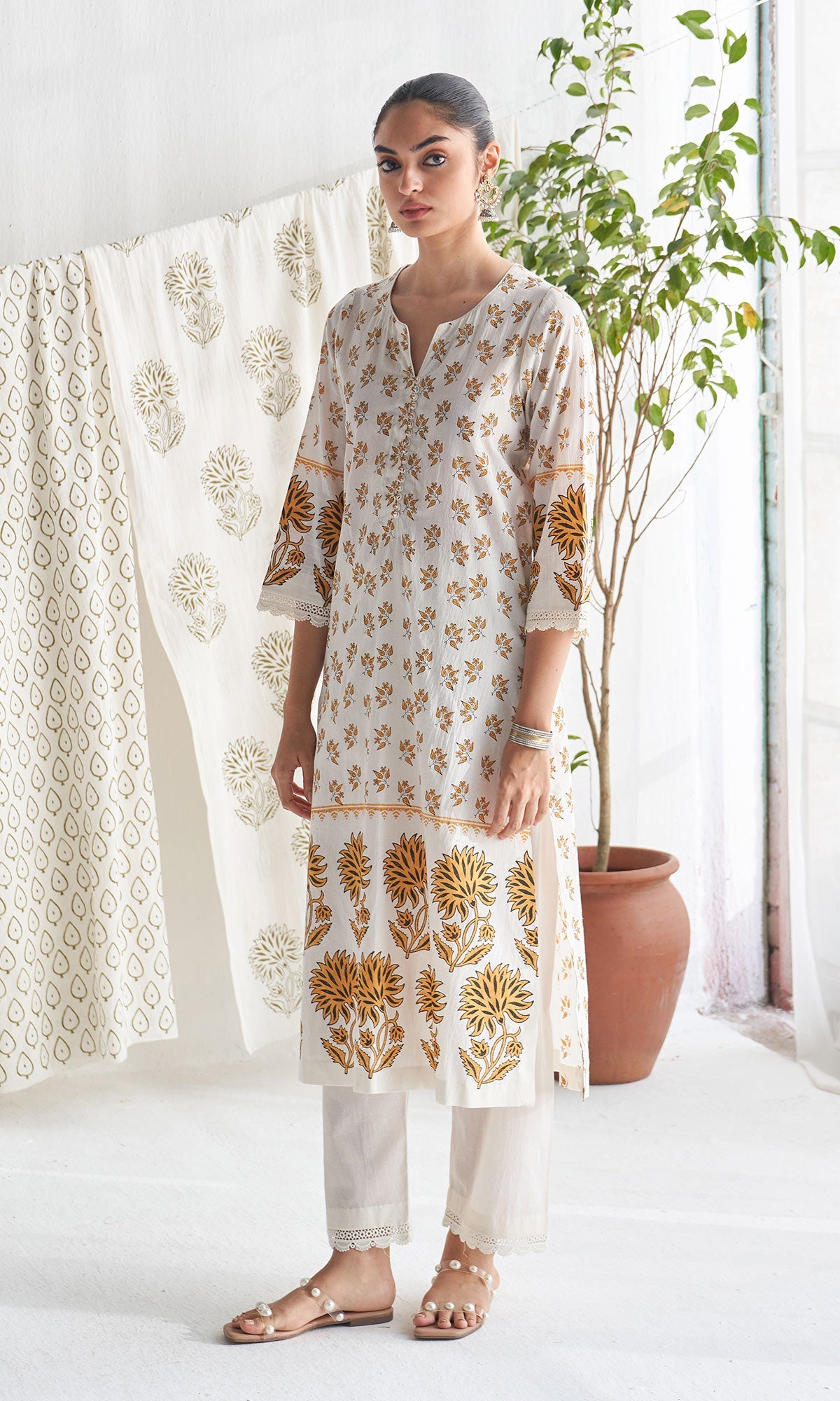 Gulmohar mughal mustard block printed straight kurta with palazzo and printed dupatta (set of 3) - Ready to ship
