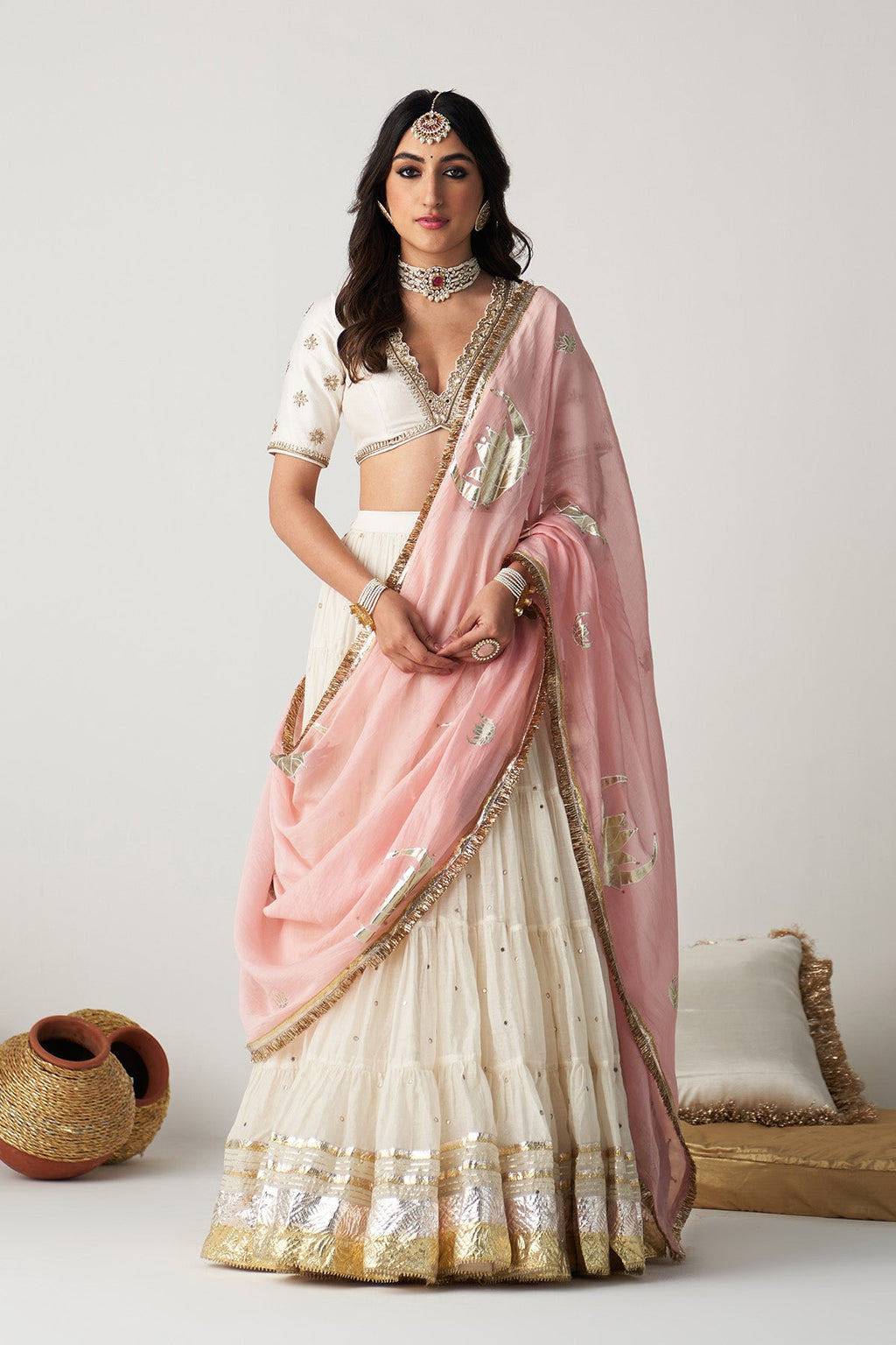 Pakeezah off white Tiered  lehenga with  embroidered blouse  and dusty  pink dupatta   (set of 3) RTS