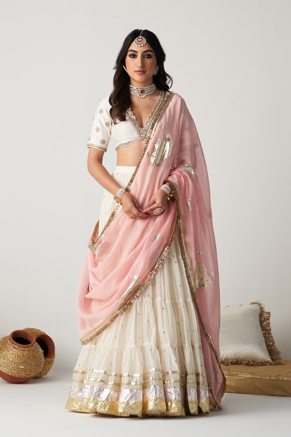 Pakeezah off white Tiered  lehenga with  embroidered blouse  and dusty  pink dupatta   (set of 3) RTS