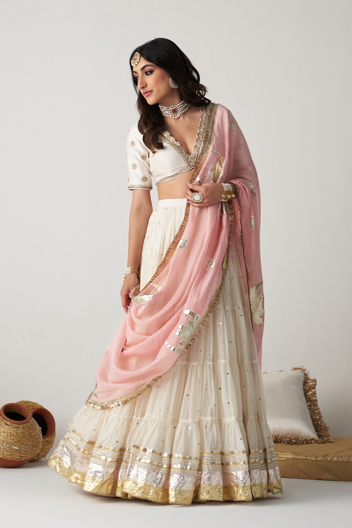 Pakeezah off white Tiered  lehenga with  embroidered blouse  and dusty  pink dupatta   (set of 3) RTS