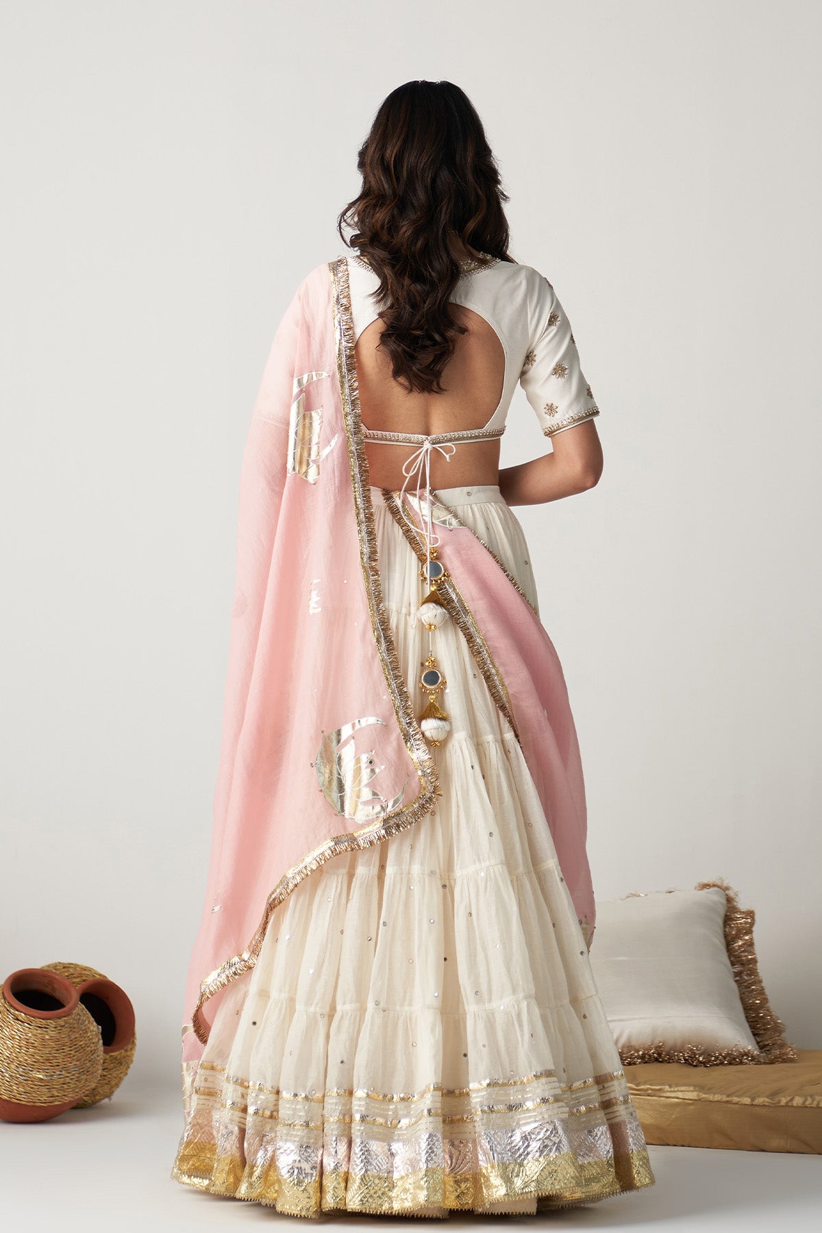 Pakeezah off white Tiered  lehenga with  embroidered blouse  and dusty  pink dupatta   (set of 3) RTS