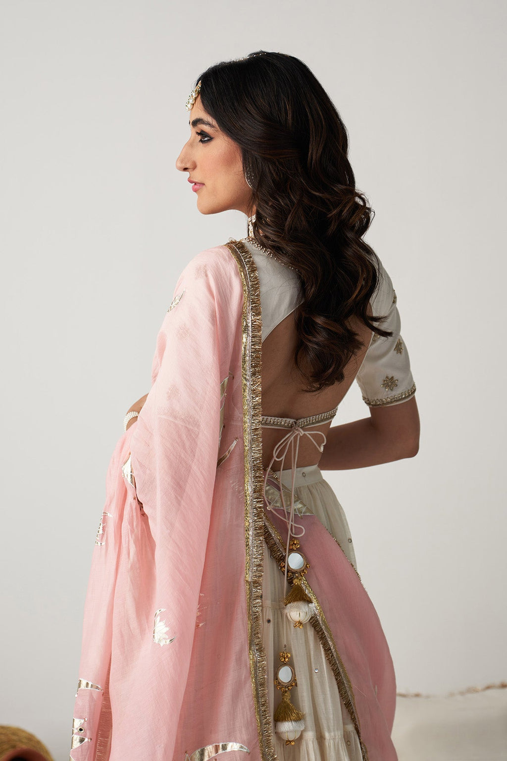 Pakeezah off white Tiered  lehenga with  embroidered blouse  and dusty  pink dupatta   (set of 3) RTS