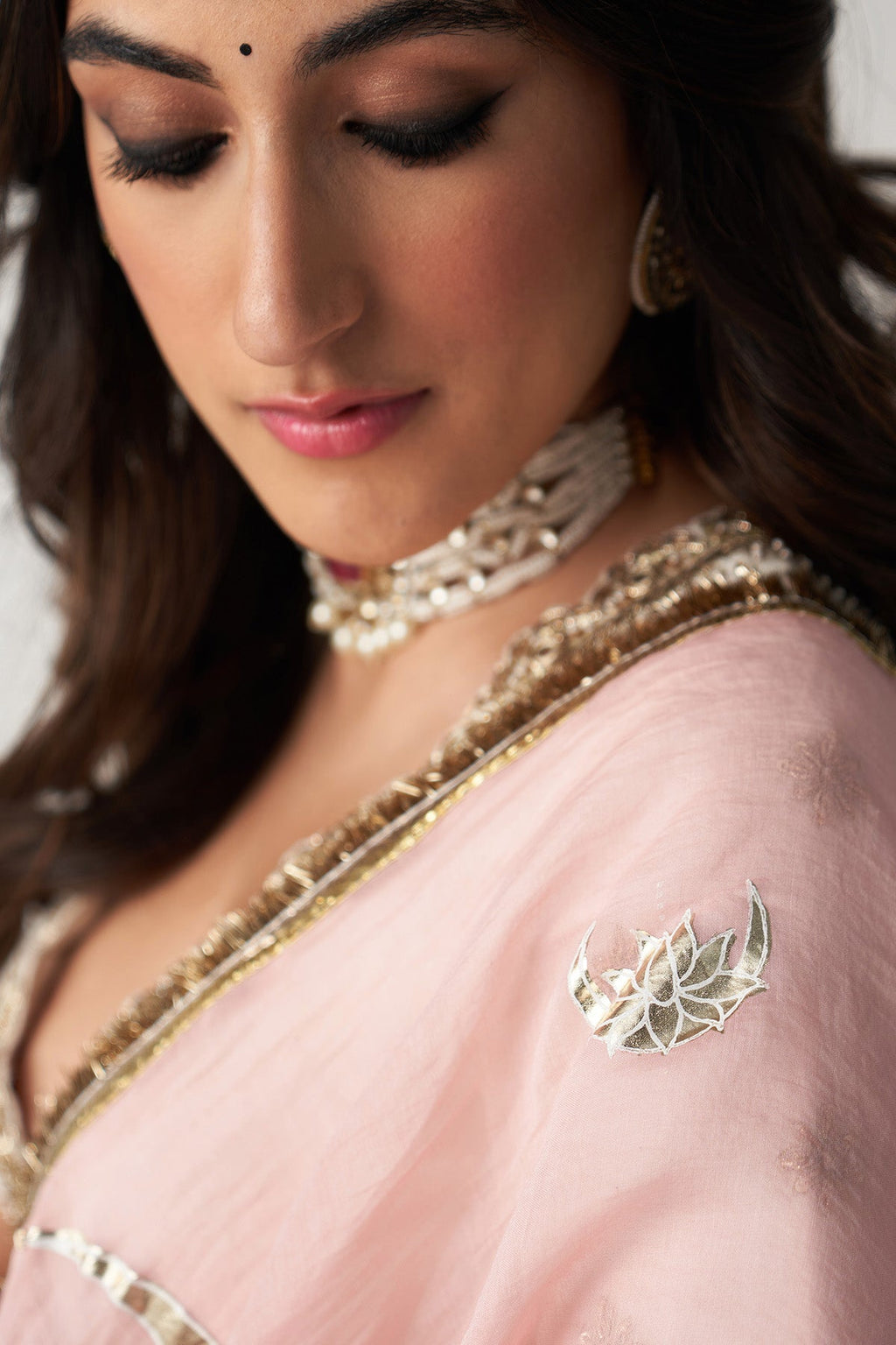 Pakeezah off white Tiered  lehenga with  embroidered blouse  and dusty  pink dupatta   (set of 3) RTS