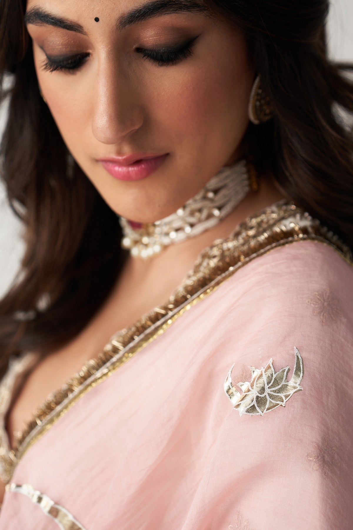 Pakeezah off white Tiered  lehenga with  embroidered blouse  and dusty  pink dupatta   (set of 3) RTS