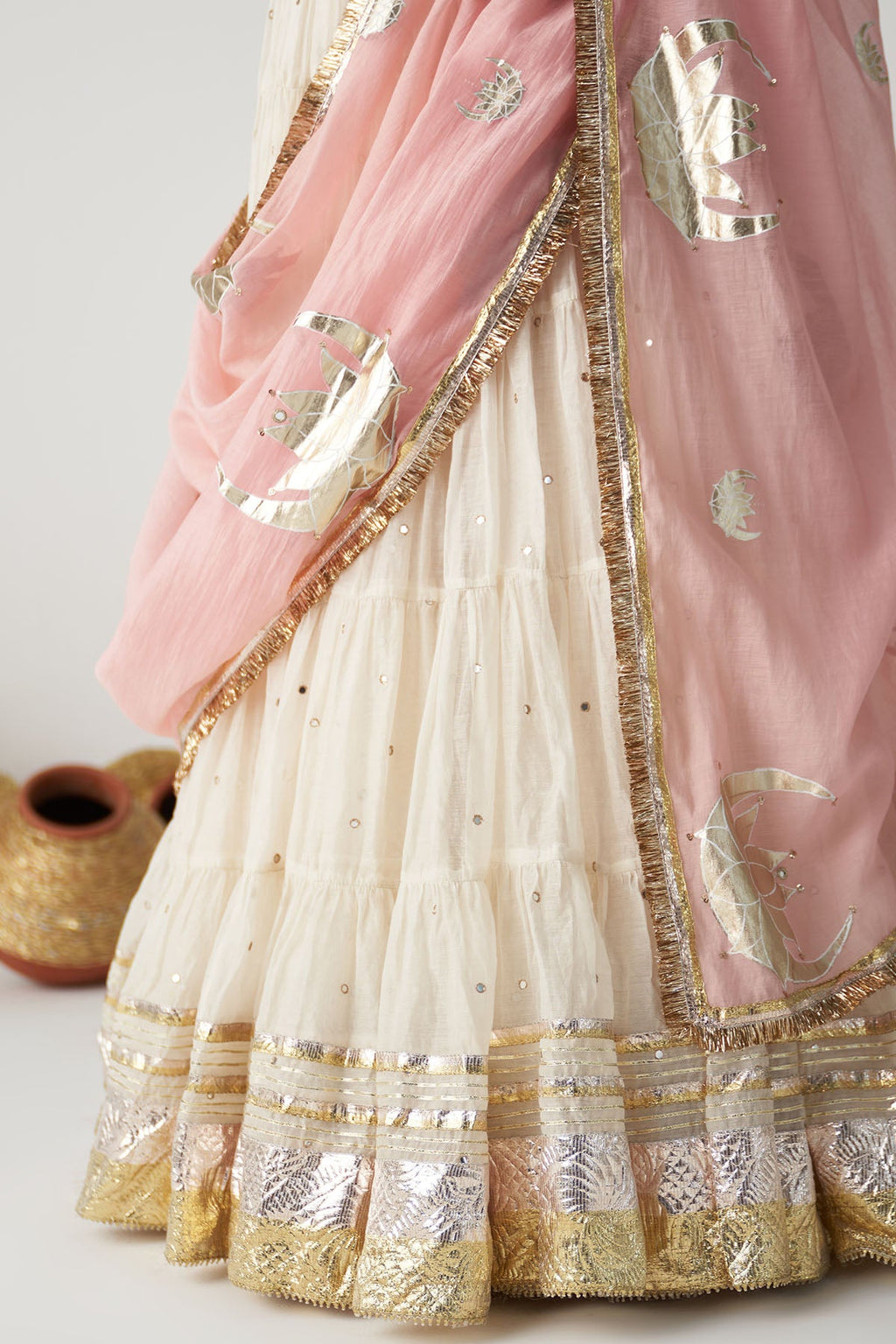 Pakeezah off white Tiered  lehenga with  embroidered blouse  and dusty  pink dupatta   (set of 3) RTS