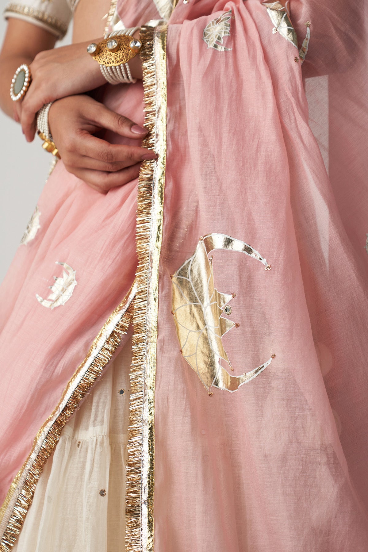 Pakeezah off white Tiered  lehenga with  embroidered blouse  and dusty  pink dupatta   (set of 3) RTS