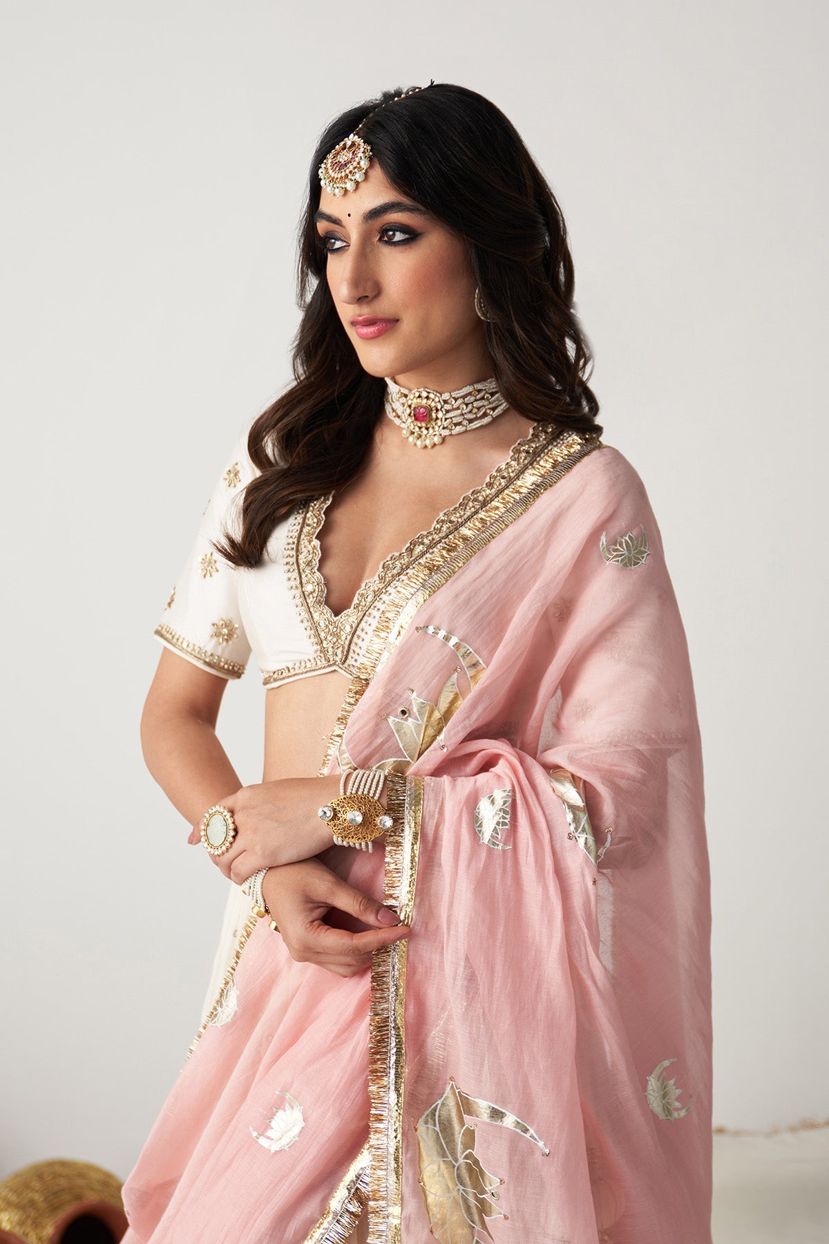 Pakeezah off white Tiered  lehenga with  embroidered blouse  and dusty  pink dupatta   (set of 3) RTS