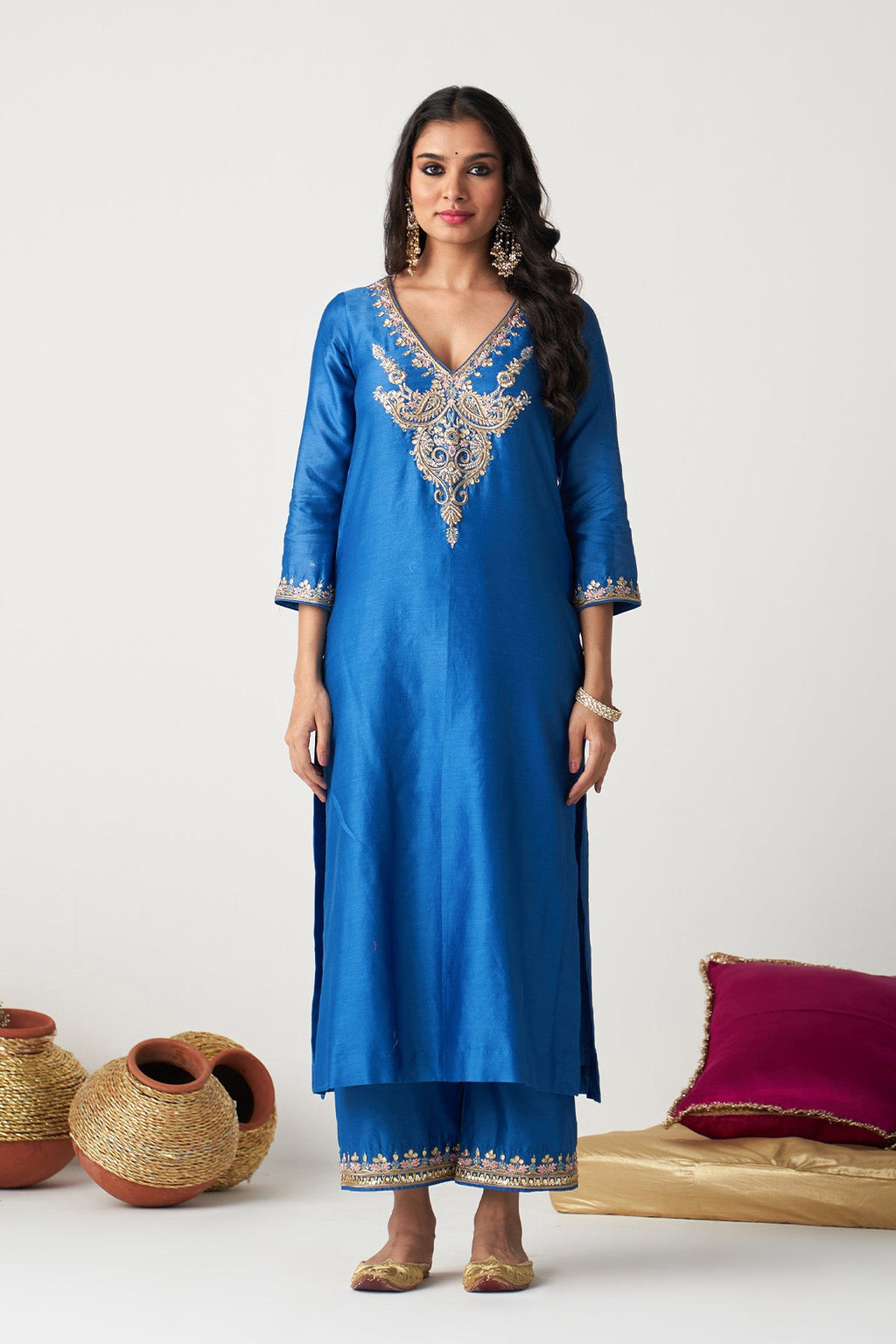 Pakeezah Cobalt Blue Paisley embroidered kurta with palazzo and dupatta ( set of 3) - Ready to ship