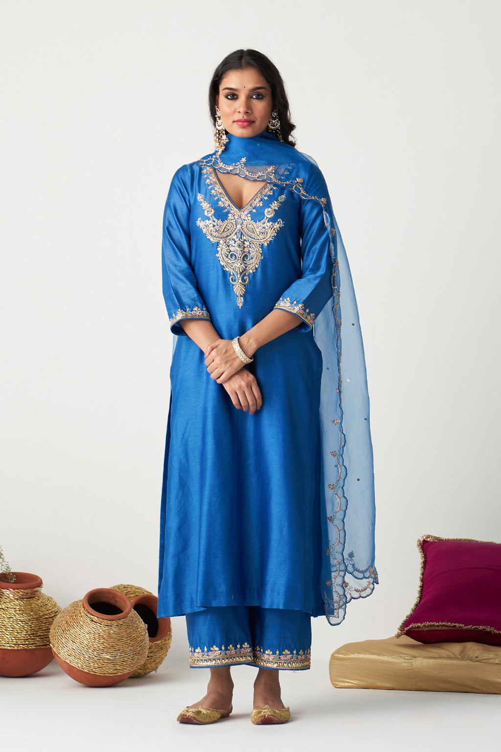 Pakeezah Cobalt Blue Paisley embroidered kurta with palazzo and dupatta ( set of 3) - Ready to ship