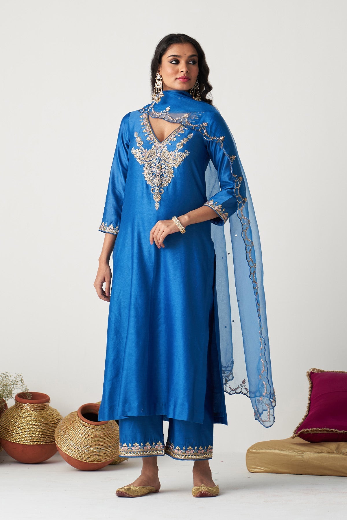 Pakeezah Cobalt Blue Paisley embroidered kurta with palazzo and dupatta ( set of 3) - Ready to ship