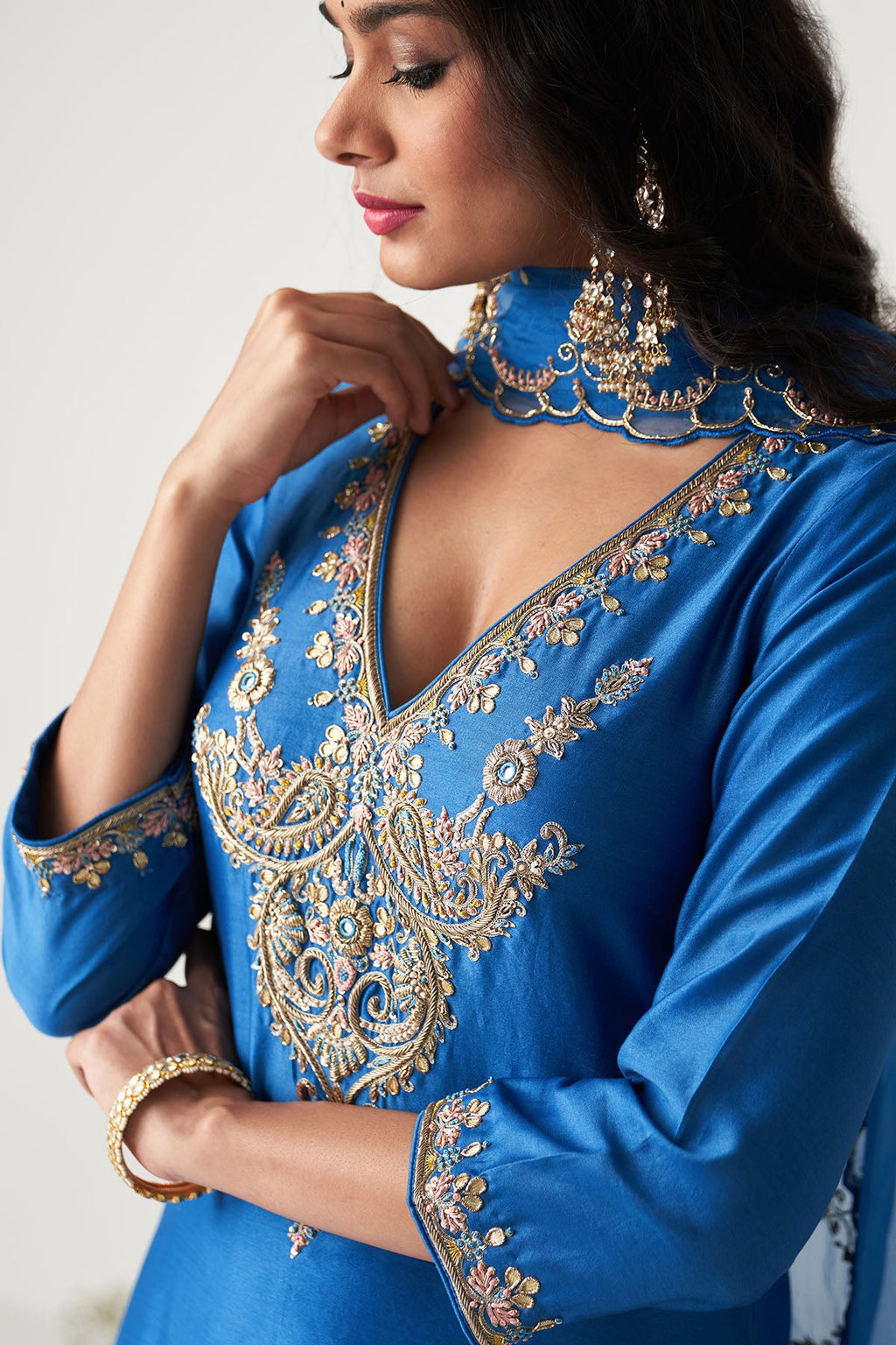 Pakeezah Cobalt Blue Paisley embroidered kurta with palazzo and dupatta ( set of 3) - Ready to ship
