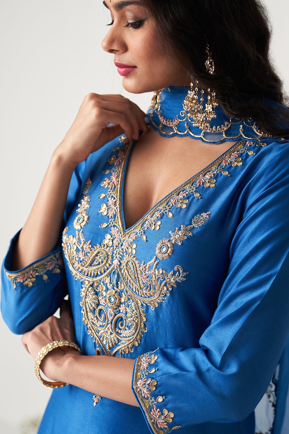 Pakeezah Cobalt Blue Paisley embroidered kurta with palazzo and dupatta ( set of 3) - Ready to ship