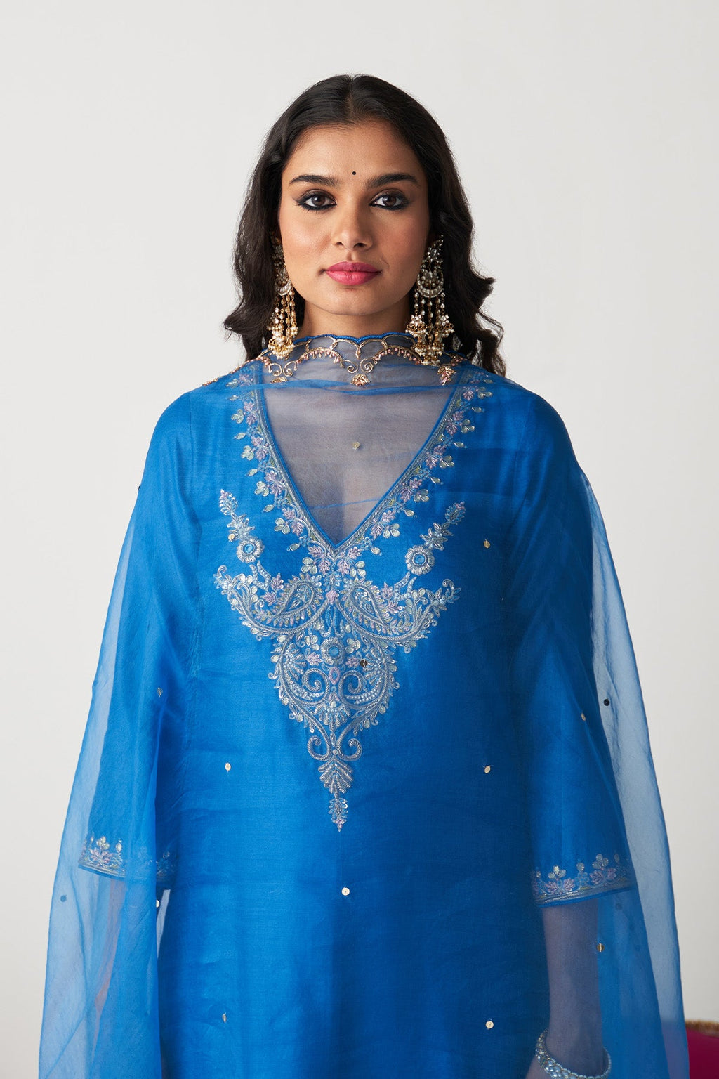Pakeezah Cobalt Blue Paisley embroidered kurta with palazzo and dupatta ( set of 3) - Ready to ship