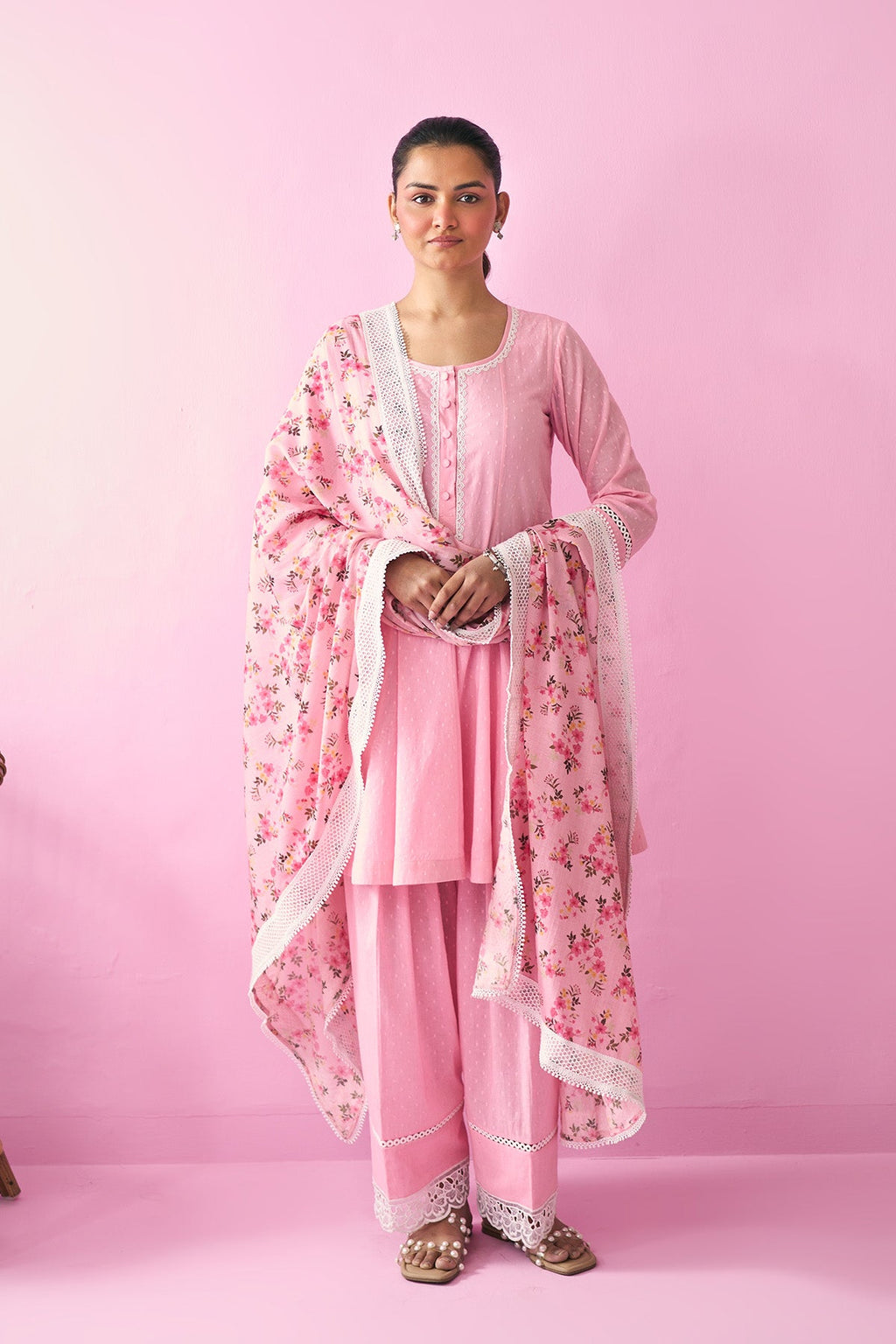 Summer Essentials 26 Pink Solid Short Anarkali With Farshi Salwar And Floral Print Dupatta ( Set Of 3 ) - Ready to ship
