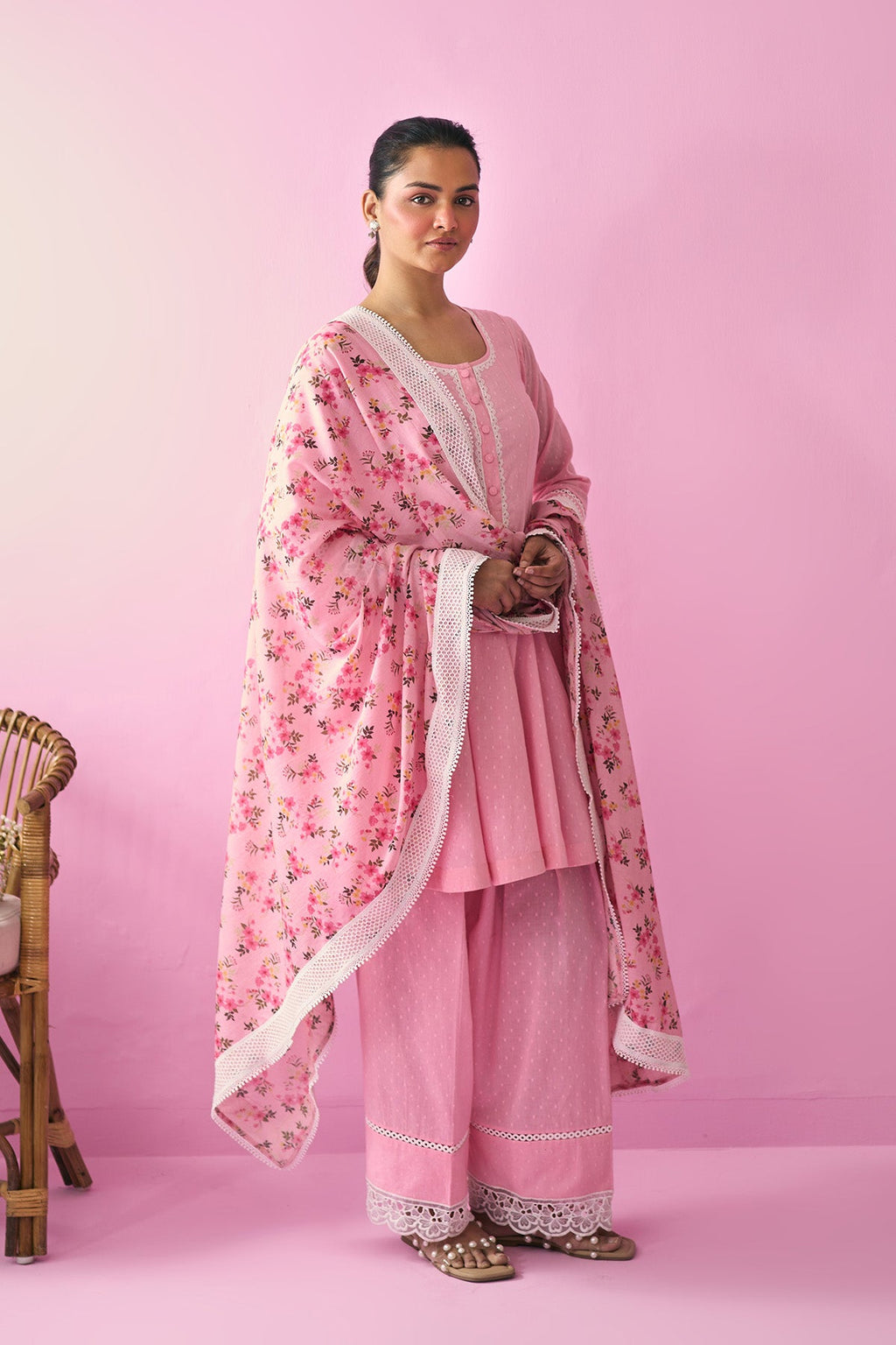 Summer Essentials 26 Pink Solid Short Anarkali With Farshi Salwar And Floral Print Dupatta ( Set Of 3 ) - Ready to ship