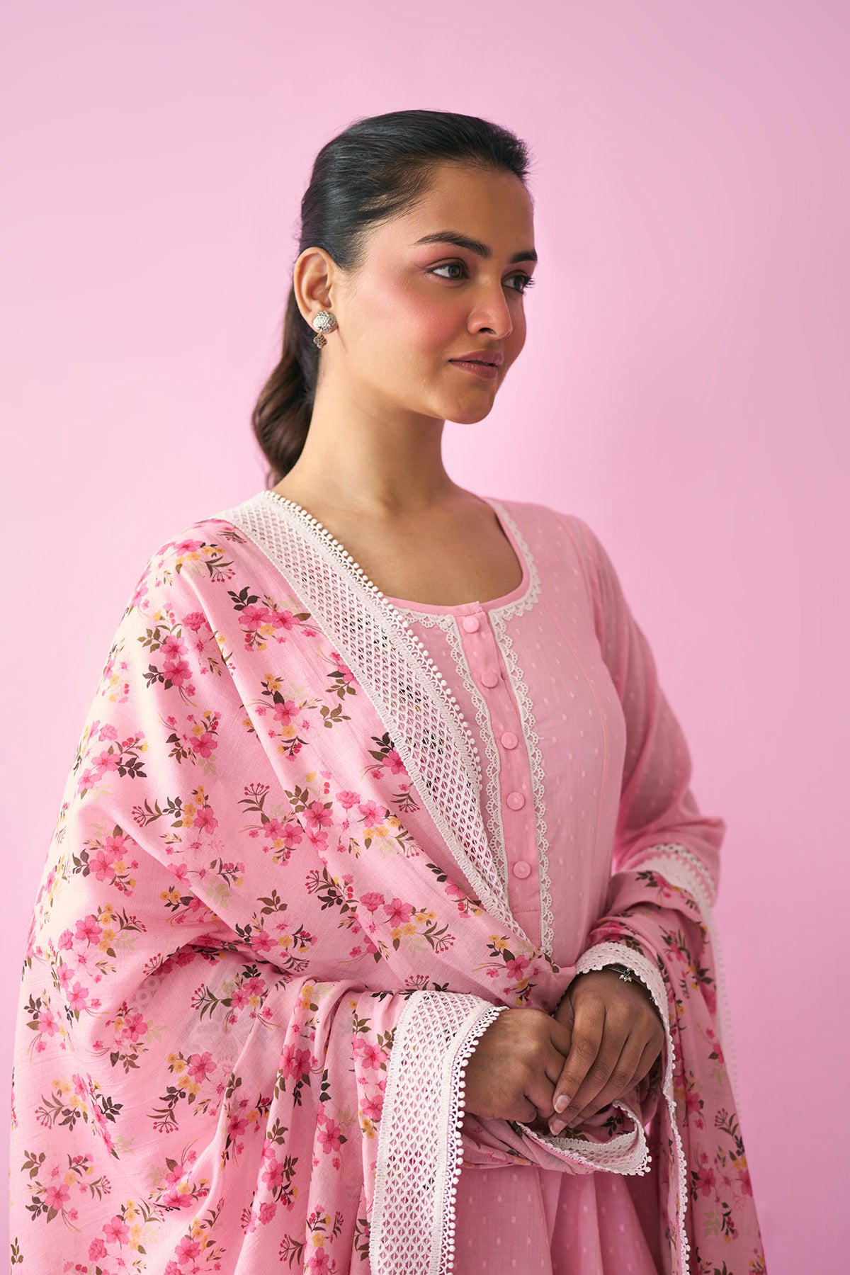 Summer Essentials 26 Pink Solid Short Anarkali With Farshi Salwar And Floral Print Dupatta ( Set Of 3 ) - Ready to ship
